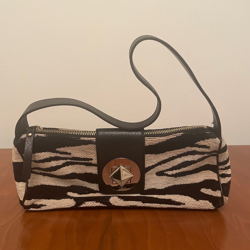 Kate Spade Black and Ivory / Cream Chenille Zebra Print Purse with Gold Hardware